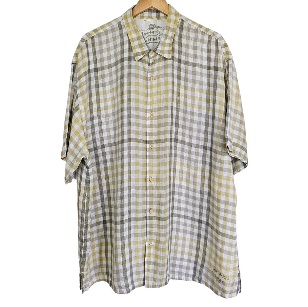Tommy Bahama 100% Linen Plaid Shirt‎ Mens Size XXL Button Front Short Sleeve